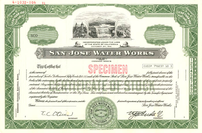 San Jose Water Works - Stock Certificate